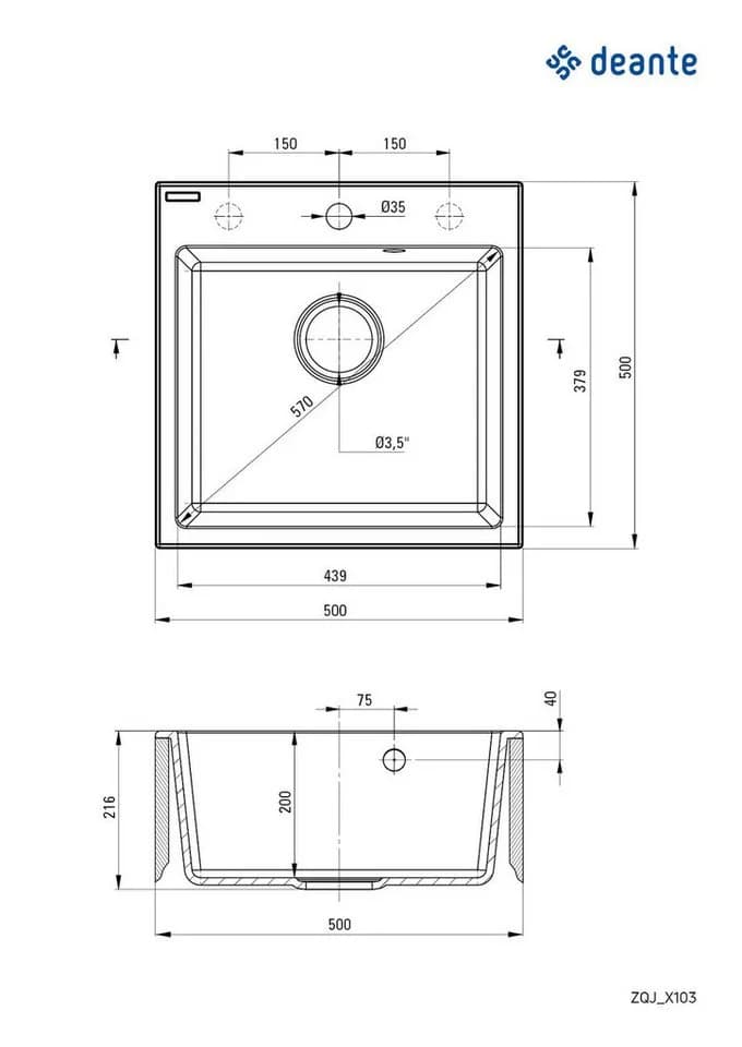 Deante Granitspüle Evora 50cm Graphit Metallic Komplett-Set