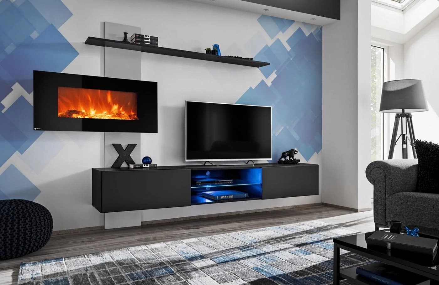 ASM-Moebel Wohnwand Flame E mit Elektrokamin und LED Schwarz - Bild 2