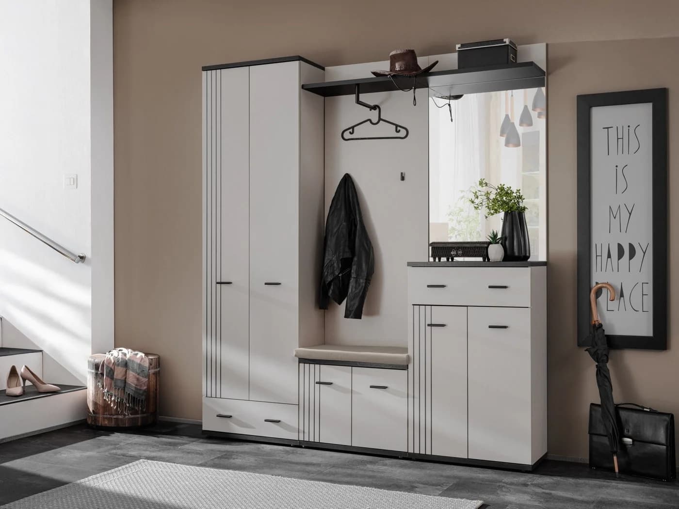 ASM-Moebel Garderoben-Set HUGO III mit Sitzbank und Spiegel Beige - Bild 2
