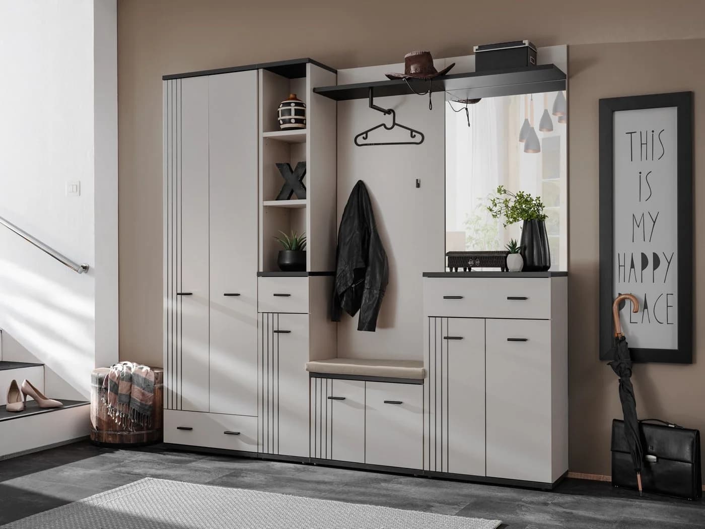 ASM-Moebel Garderoben-Set HUGO IV mit Sitzbank und Spiegel Beige - Bild 2