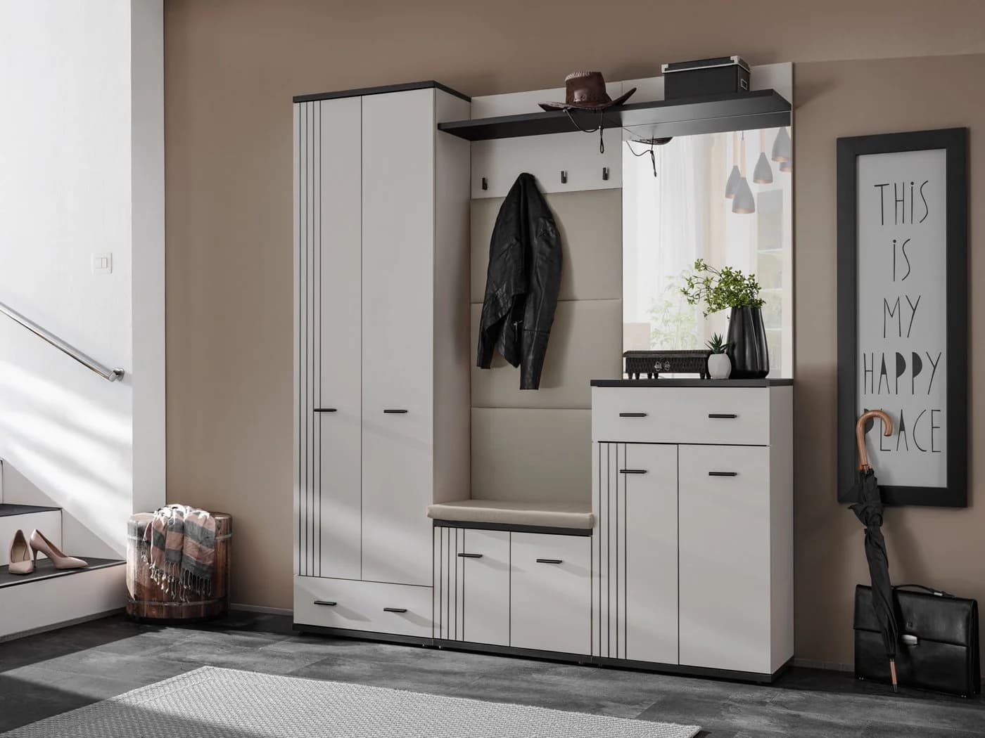 ASM-Moebel Garderoben-Set HUGO VII mit Sitzbank und Spiegel Beige - Bild 2