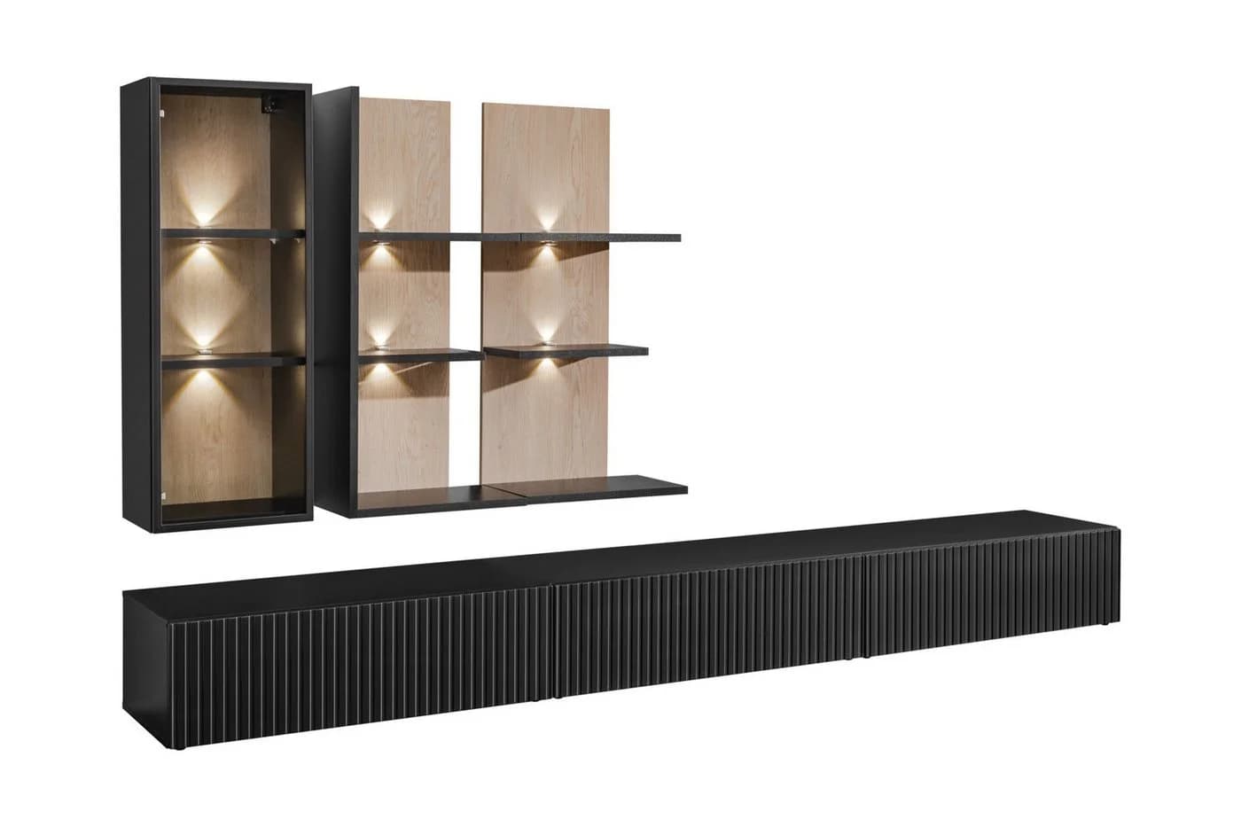 ASM-Moebel Wohnwand SOUL mit Push-Click und LED-Beleuchtung Schwarz Eiche Viking