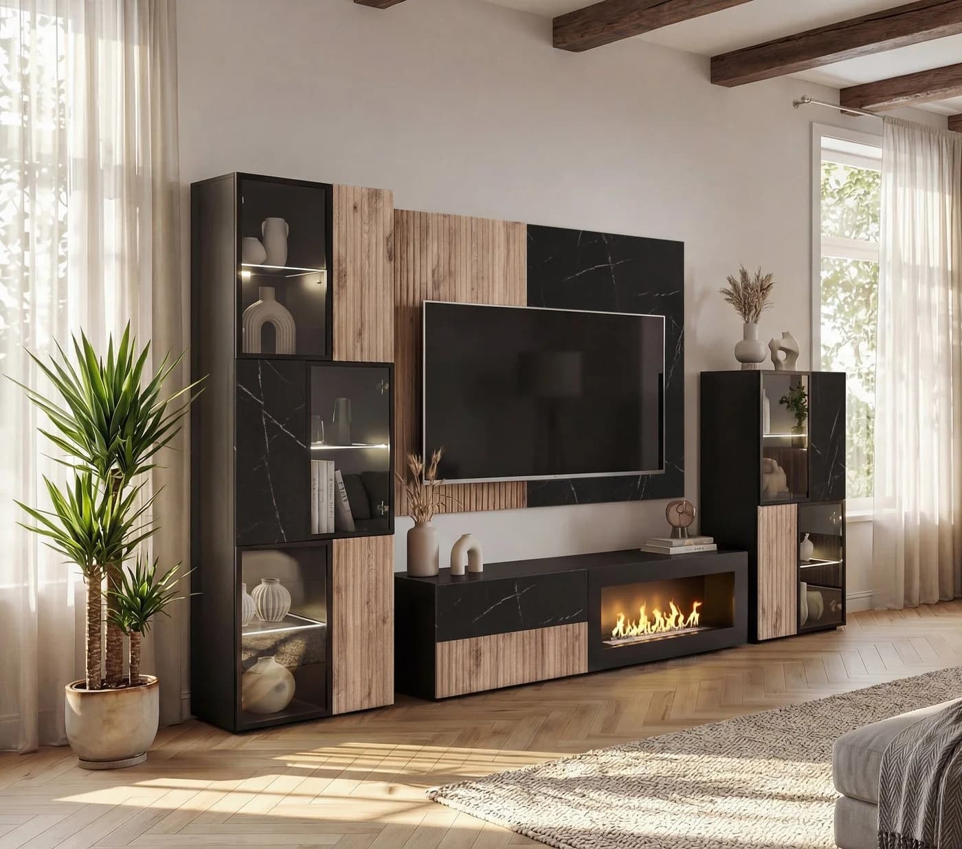 ASM-Moebel Wohnwand CANNES CS2 R-K mit Bio-Ethanol-Kamin, LED & Push-Click - Bild 2