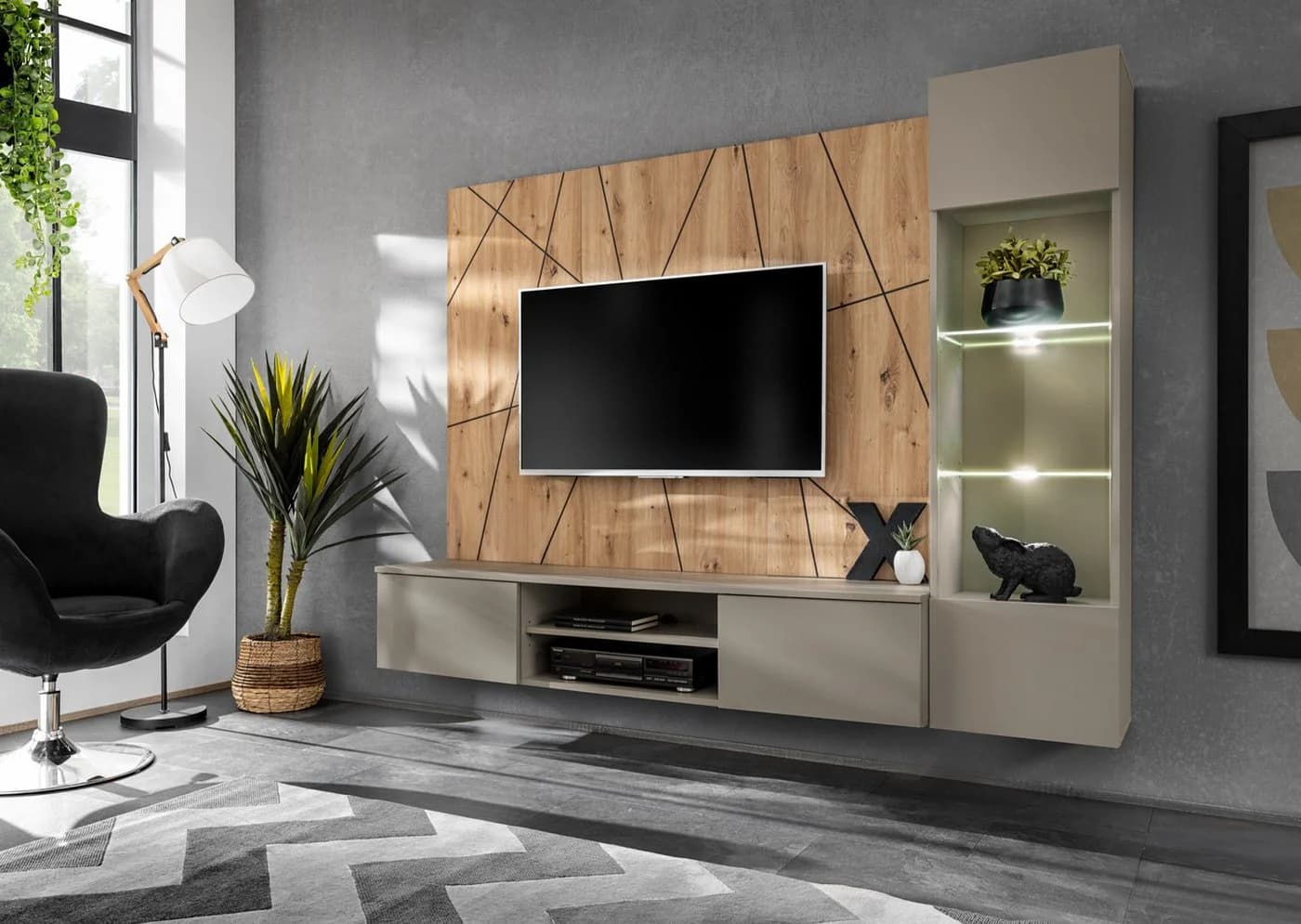 ASM-Moebel Wohnwand XARI Grau mit LED und Push-Click