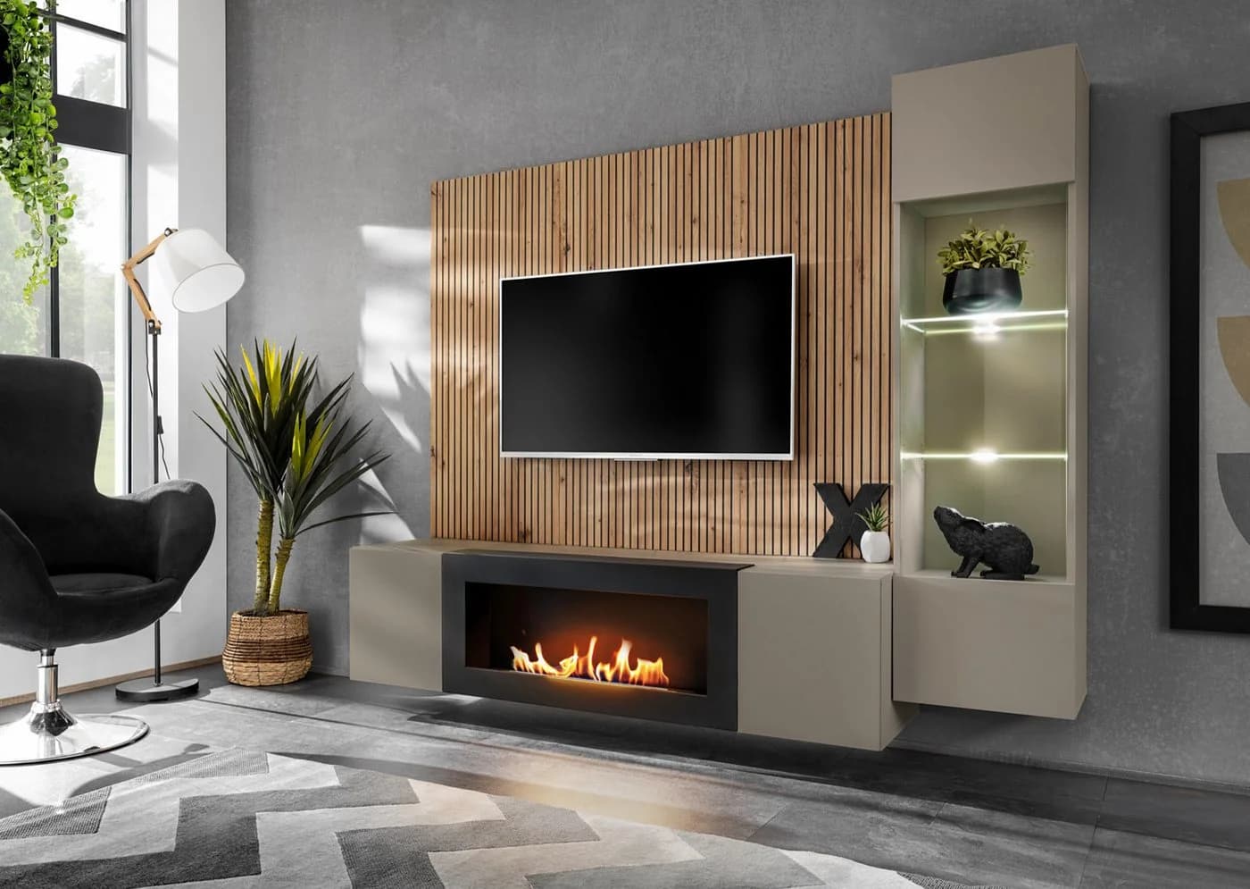 ASM-Moebel Wohnwand XARI PGAS-K Grau mit Bio-Ethanol Kamin und LED