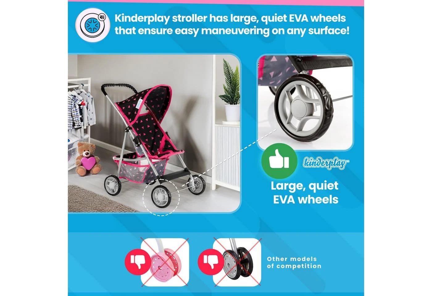 kinderplay Puppenbuggy Grau mit Verdeck und Schaumrädern