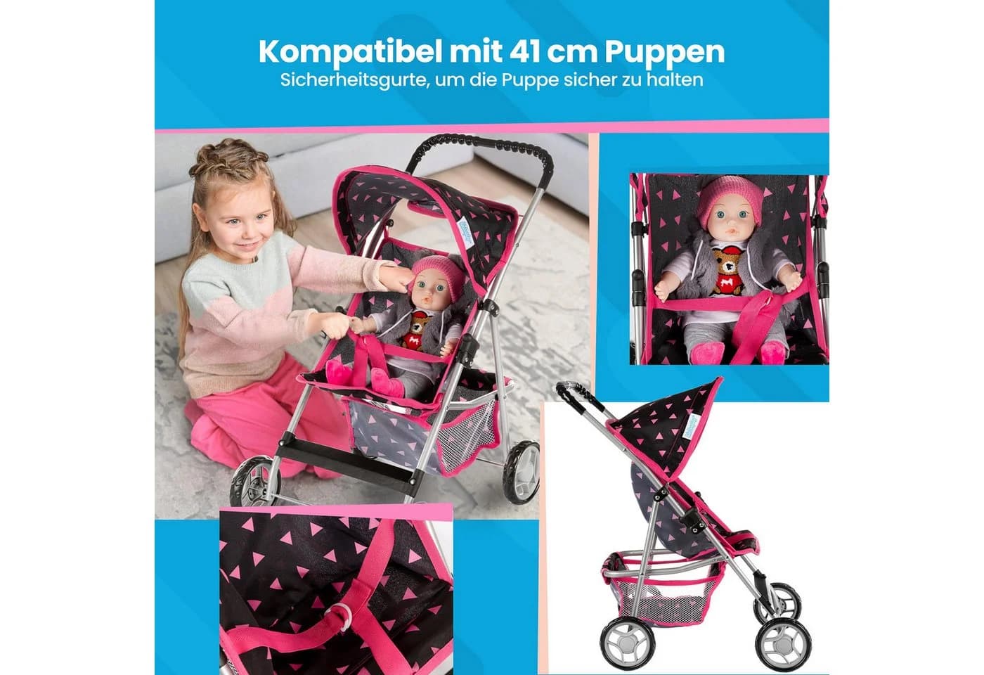 kinderplay Puppenbuggy Grau mit Verdeck und Schaumrädern - Bild 4
