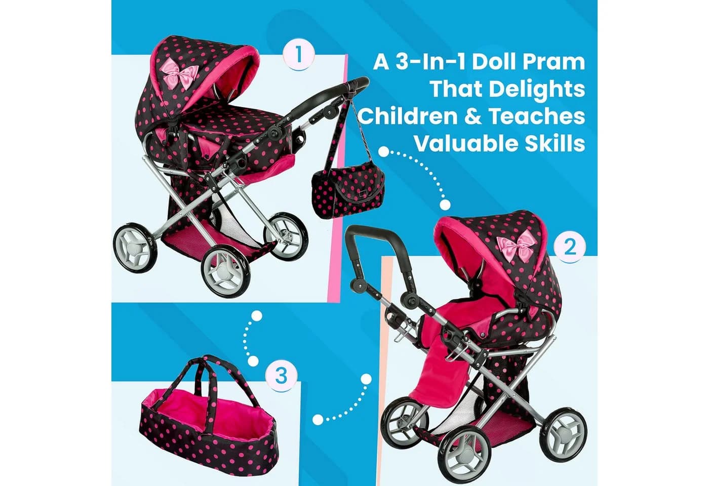 kinderplay Puppenwagen 3in1 höhenverstellbar Innen & Außen Tragetasche