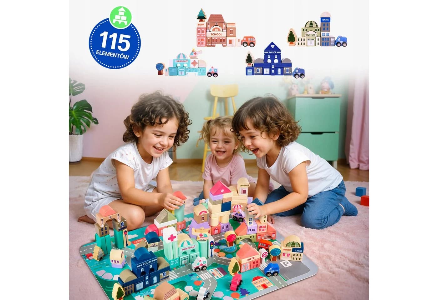 Kinderplay Dolls & Strollers Holzbausteine Stadt Set 115-tlg Lernspiel ab 3 Jahren