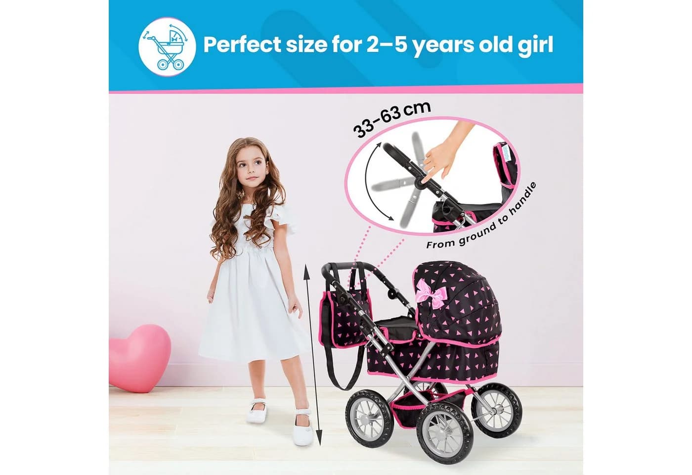 kinderplay Puppenwagen höhenverstellbar mit Tasche und Verdeck - Bild 3