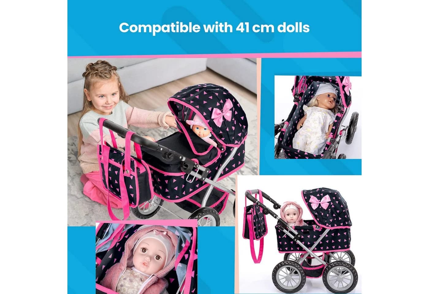 kinderplay Puppenwagen höhenverstellbar mit Tasche und Verdeck - Bild 4