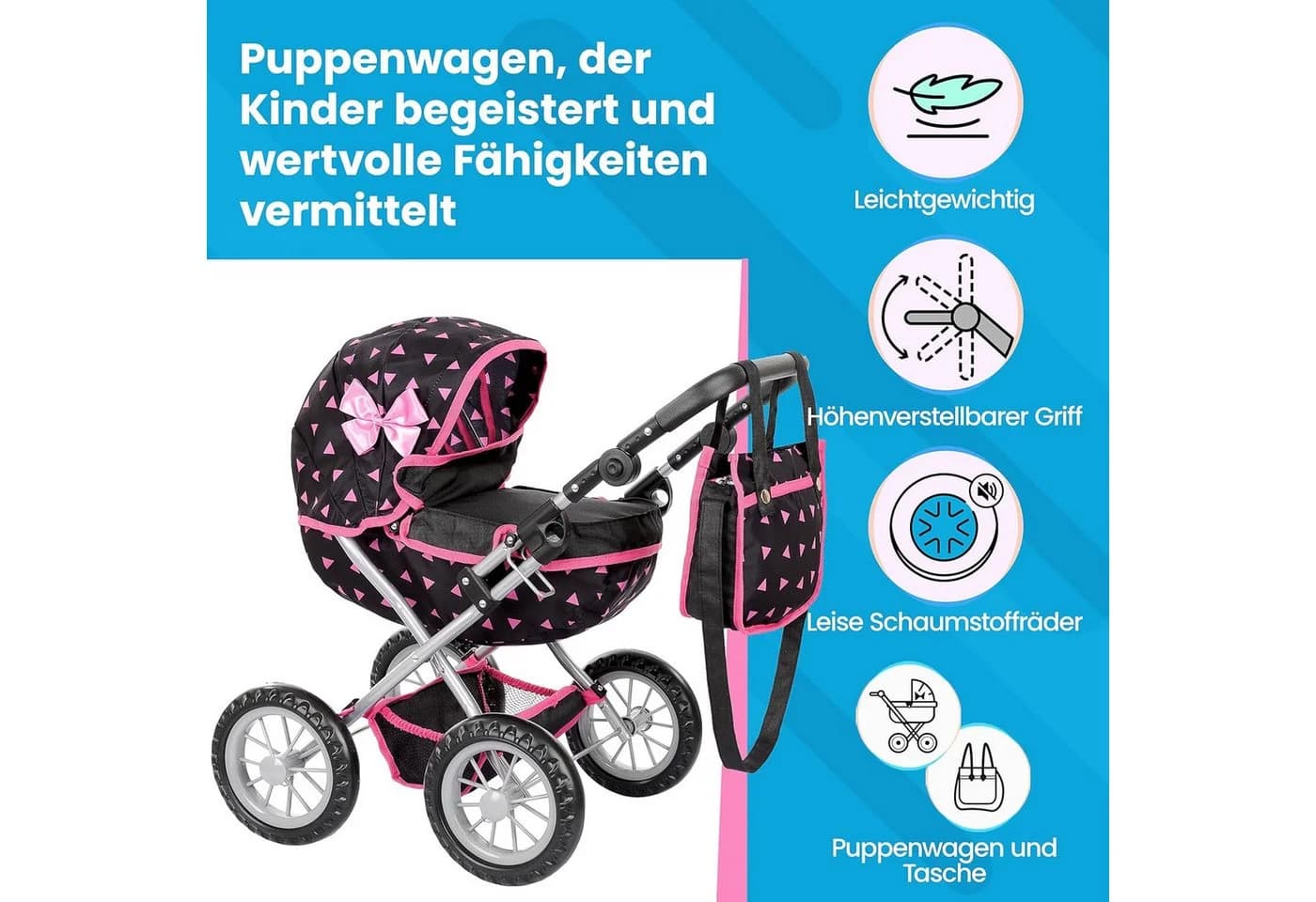 kinderplay Puppenwagen mit Tasche – verstellbar – Spielspaß ab 3 Jahren