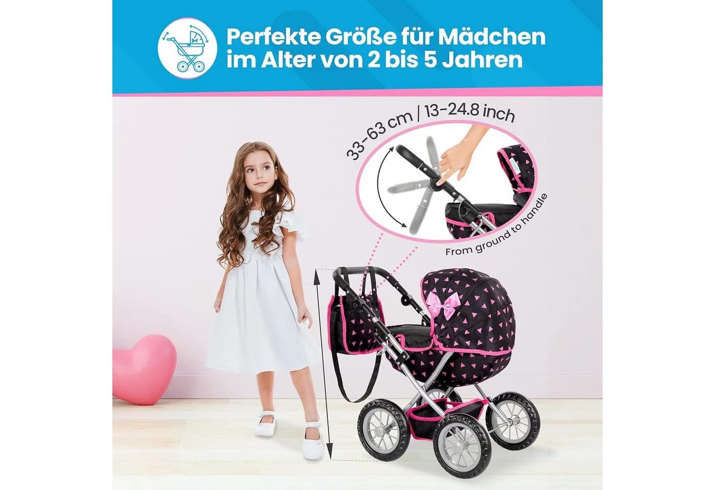 kinderplay Puppenwagen mit Tasche – verstellbar – Spielspaß ab 3 Jahren - Bild 3