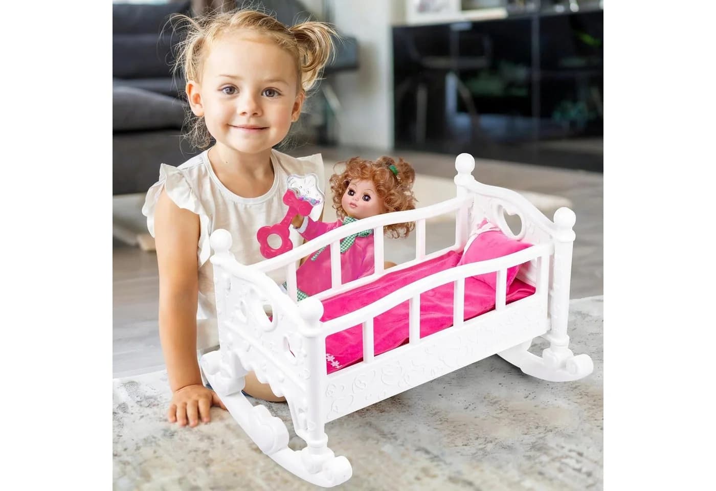 kinderplay Puppenwiege 2in1 Schaukelbett mit Bettwäsche Rosa