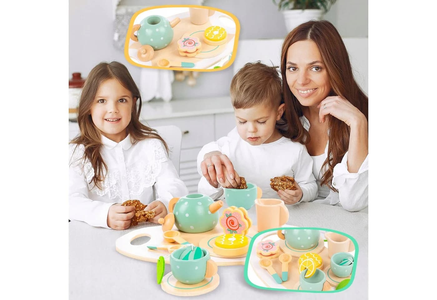 kinderplay Holz Tee-Set für Kinder – kreatives Rollenspiel – 15-teiliges Zubehör - Bild 3
