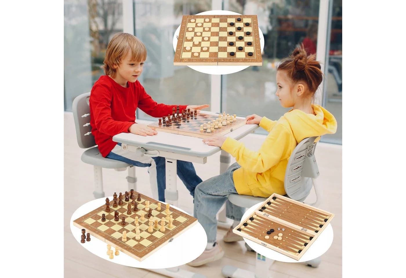 kinderplay 3-in-1 Holz Brettspiel Schach Dame Backgammon - Bild 3