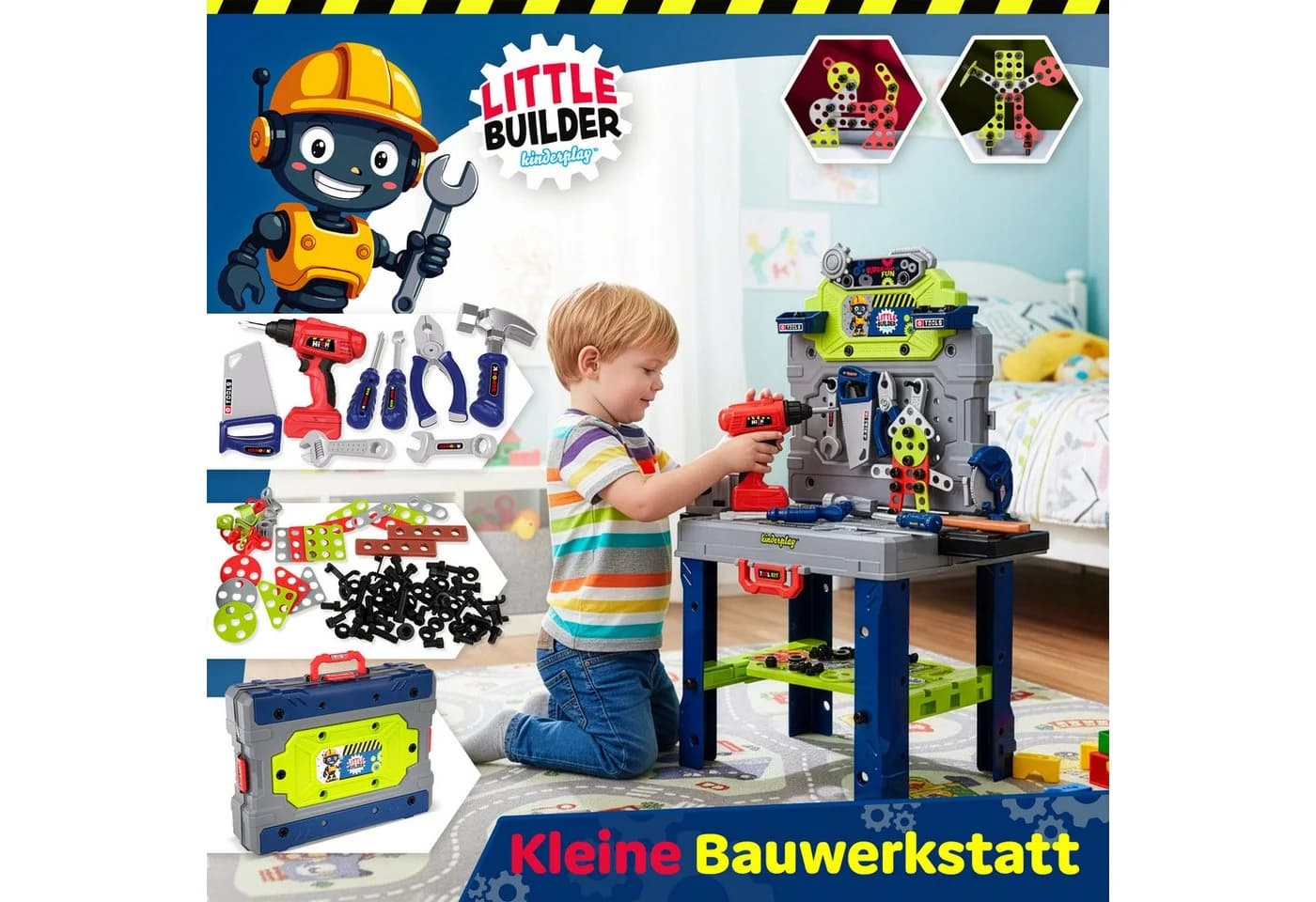 kinderplay Lernspielzeug Kinder Werkbank mit Bohrmaschine – 2in1 Set