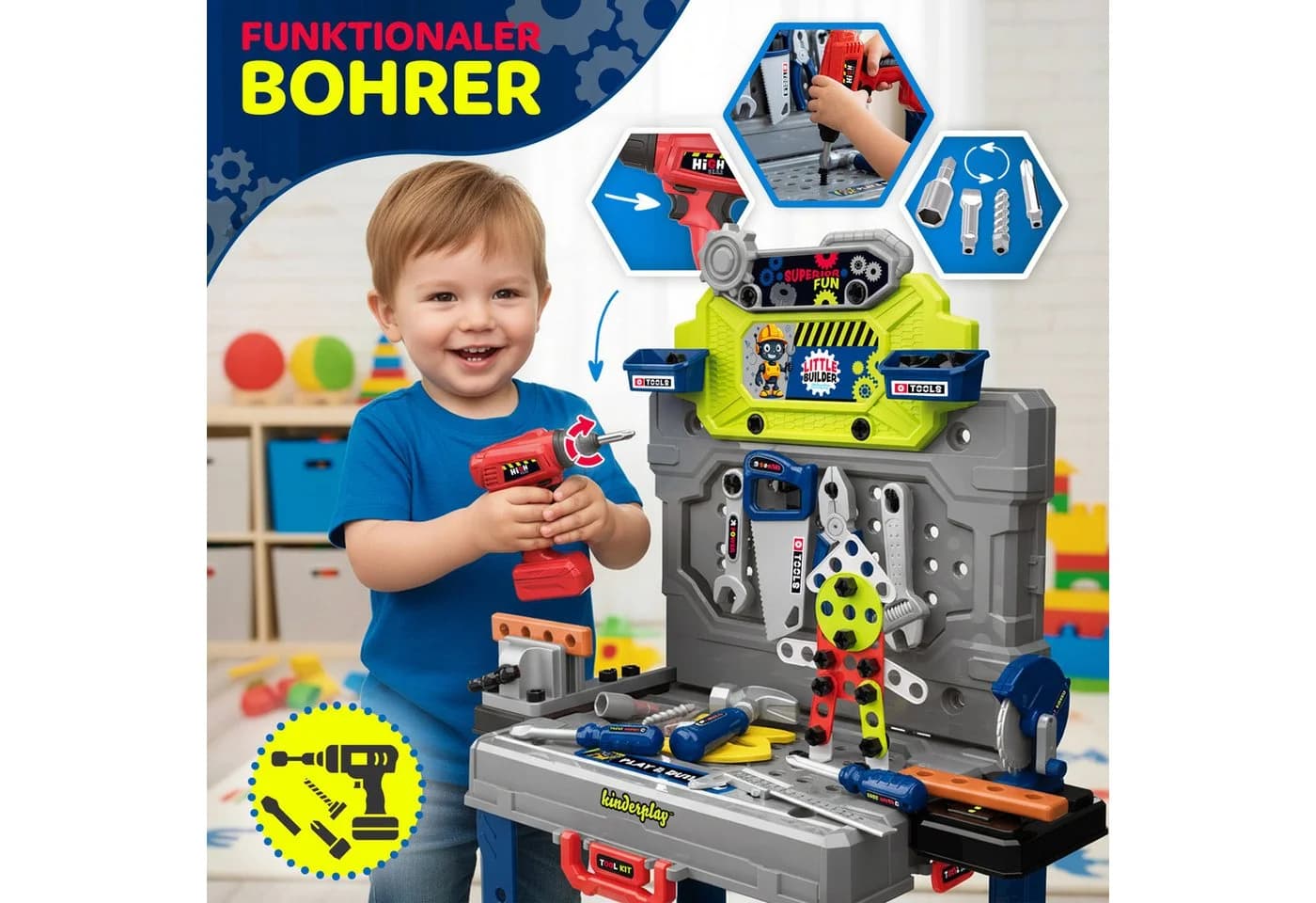 kinderplay Lernspielzeug Kinder Werkbank mit Bohrmaschine – 2in1 Set - Bild 3