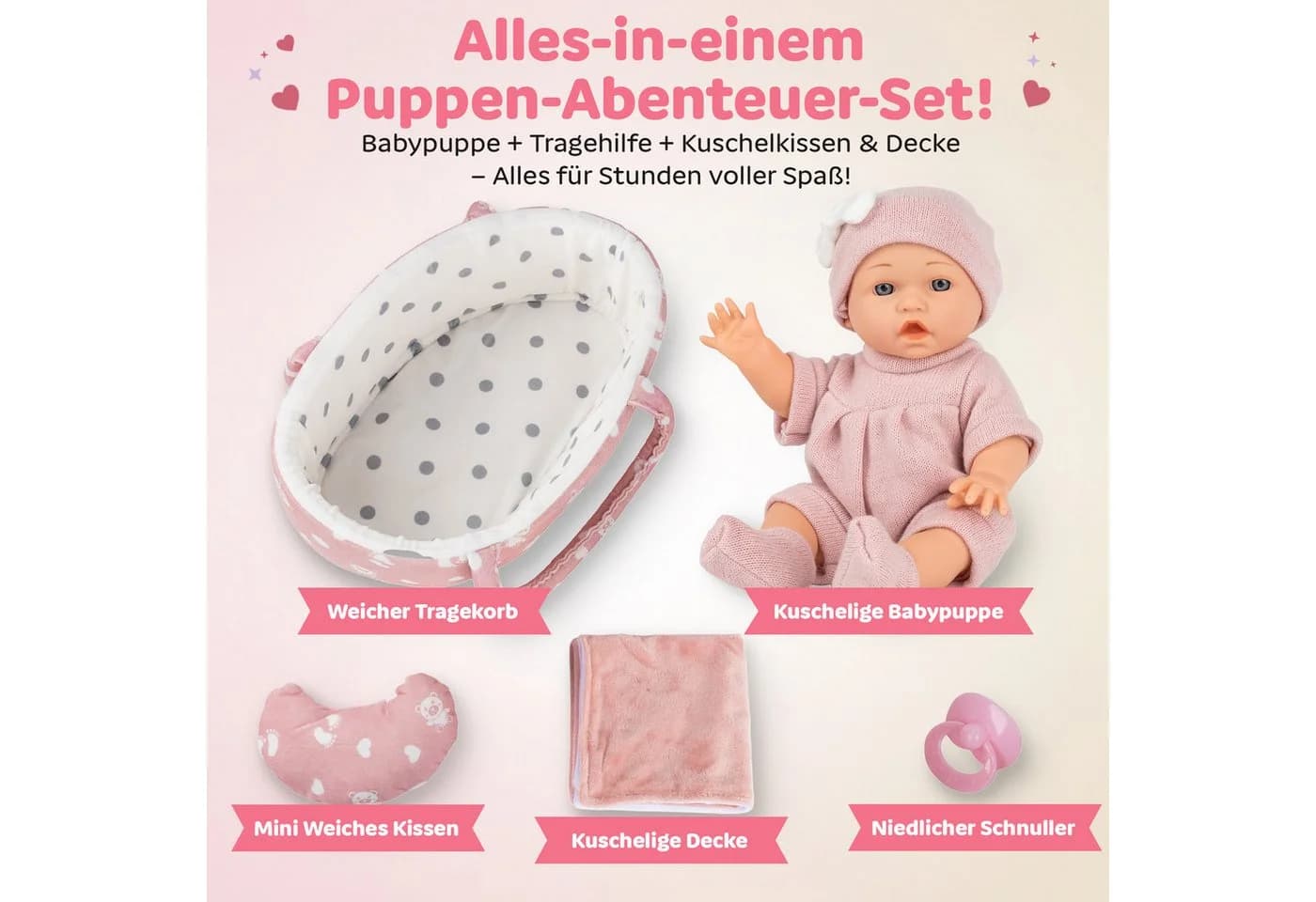 Kinderplay Dolls & Strollers Babypuppe mit Tragebett – Erste Babypuppe – Spielset für Kinder