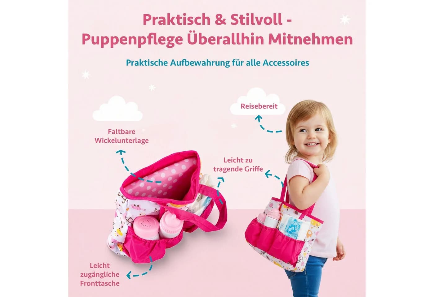 Kinderplay Dolls & Strollers Puppen Accessoires-Set Puppen Pflegeset mit Tasche - Bild 5
