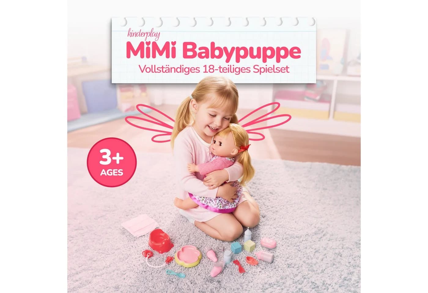 Kinderplay Dolls & Strollers Babypuppe Rosa mit Zubehör