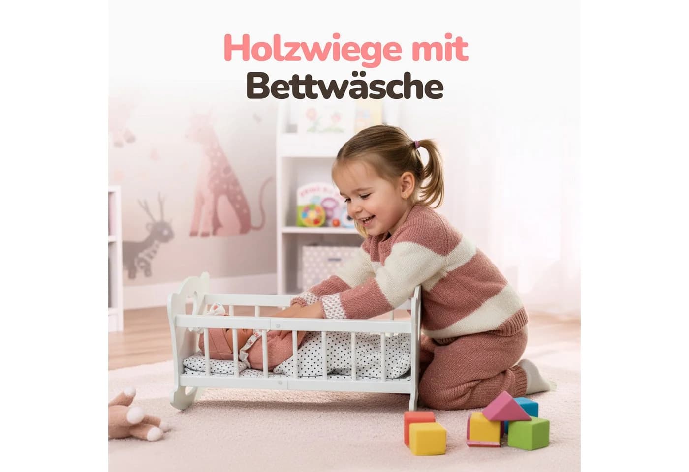 Green Series Puppenwiege Holz mit Bettwäsche