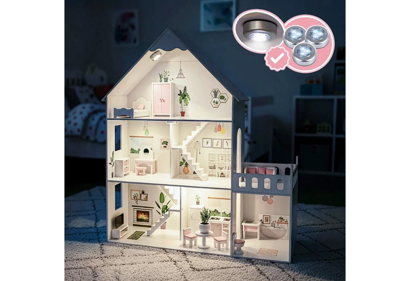 Green Series Puppenhaus Holz Groß mit LED-Beleuchtung und 27 Möbeln