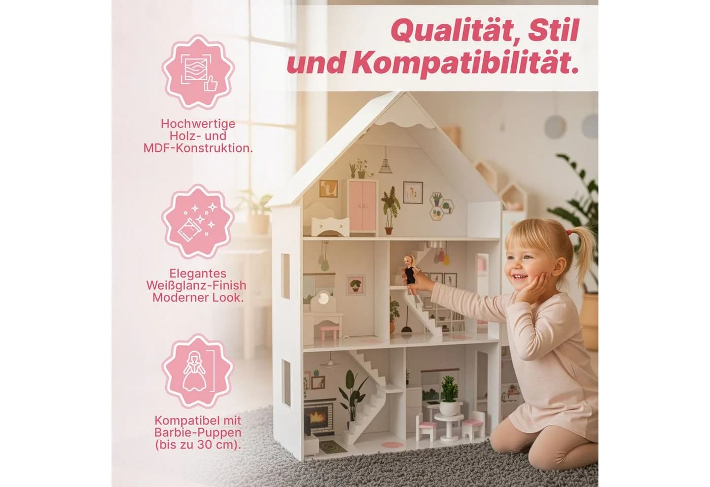 Green Series Puppenhaus Holz Groß mit LED-Beleuchtung und 27 Möbeln - Bild 3