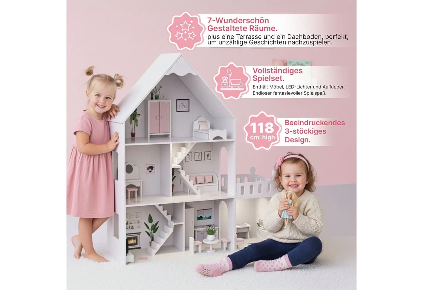 Green Series Puppenhaus Holz Groß mit LED-Beleuchtung und 27 Möbeln - Bild 4