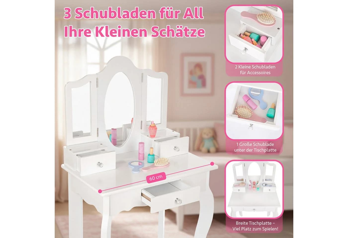 Green Series Schminktisch Kinder Holz Weiß mit Spiegel, Hocker & Schubladen - Bild 3