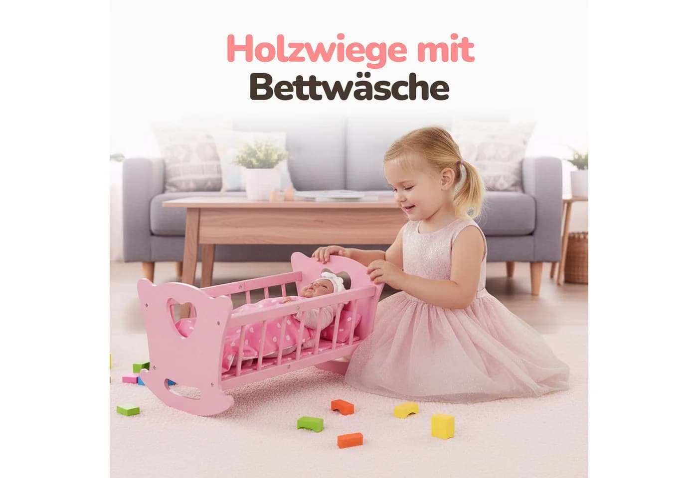 Green Series Puppenwiege Holzpuppenwiege mit Bettwäsche