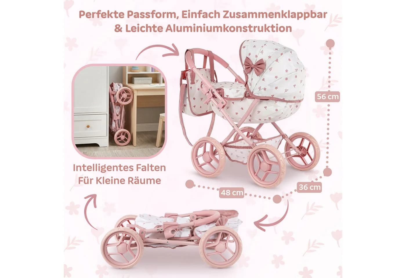 kinderplay Puppenwagen Gondel mit Tasche – faltbar – leise EVA-Räder