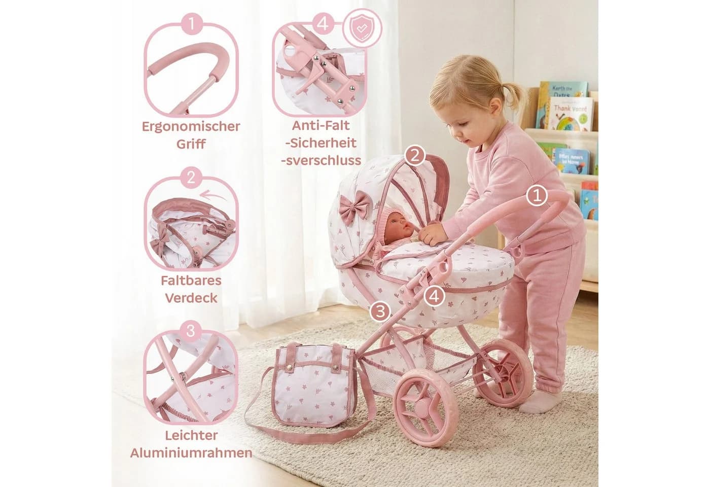 kinderplay Puppenwagen Gondel mit Tasche – faltbar – leise EVA-Räder - Bild 3