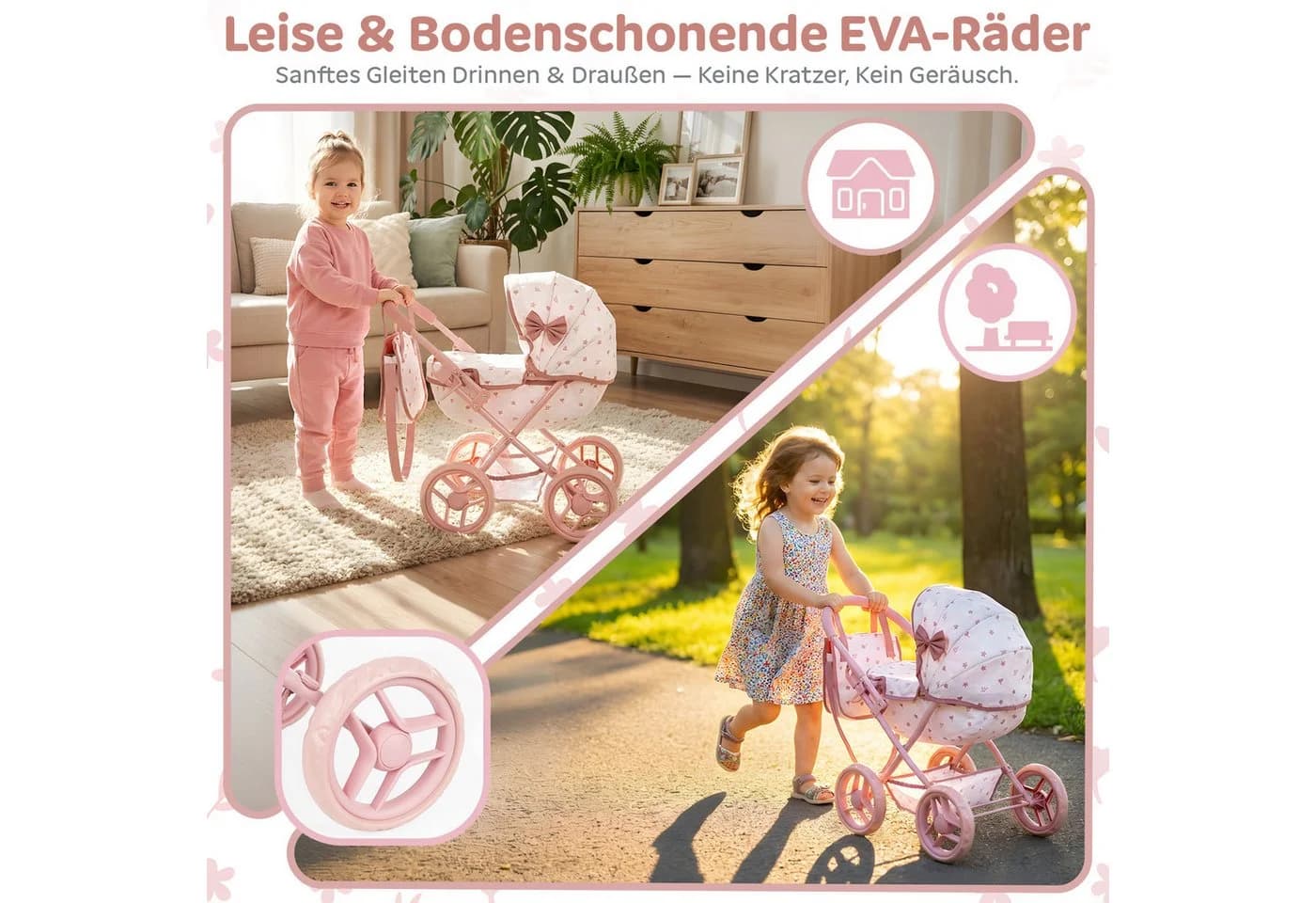 kinderplay Puppenwagen Gondel mit Tasche – faltbar – leise EVA-Räder - Bild 4