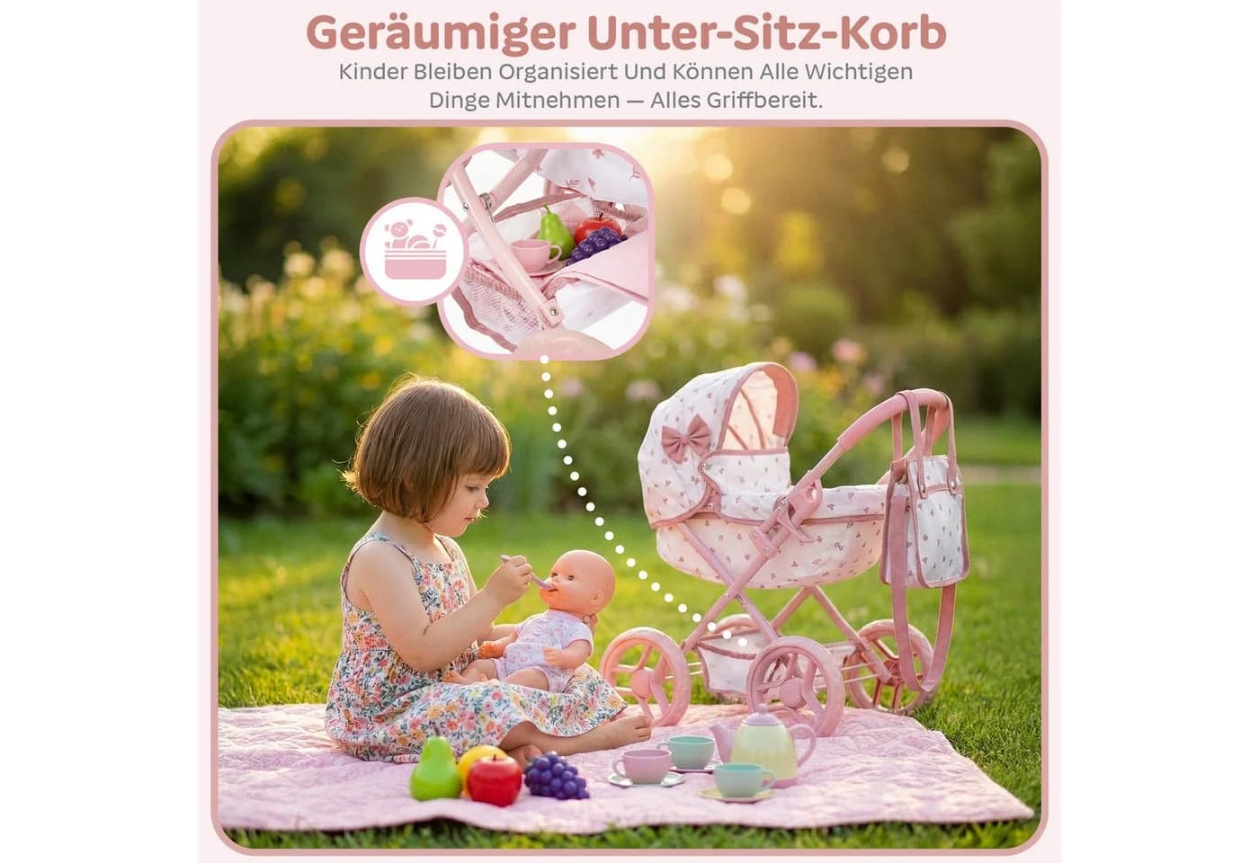 kinderplay Puppenwagen Gondel mit Tasche – faltbar – leise EVA-Räder - Bild 5