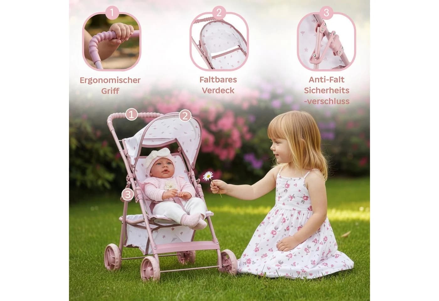kinderplay Puppenbuggy Puppenwagen Buggy Leicht Faltbar Rosa - Bild 3