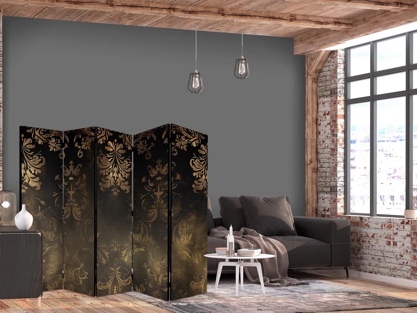 Muralo Paravent 5-teilig klappbar Barocke Glamour-Ornamente - Bild 5