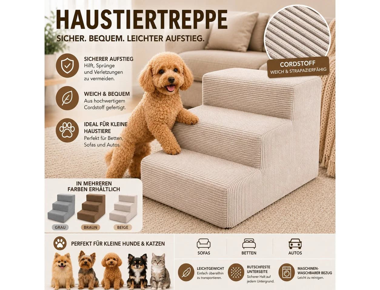 Muralo Haustiertreppe 3 Stufen Beige Cord Bezug