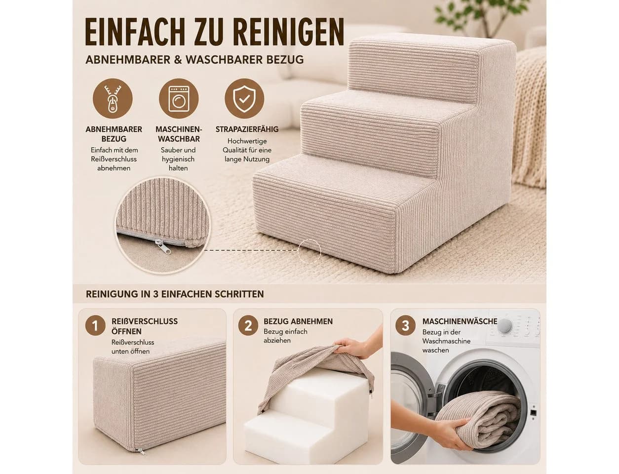 Muralo Haustiertreppe 3 Stufen Beige Cord Bezug - Bild 4