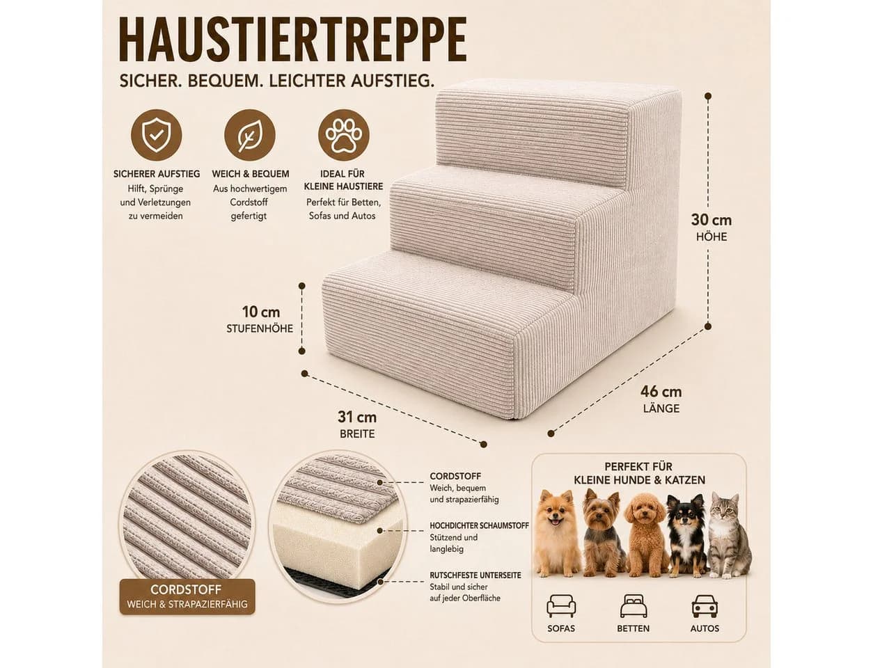 Muralo Haustiertreppe 3 Stufen Beige Cord Bezug - Bild 5
