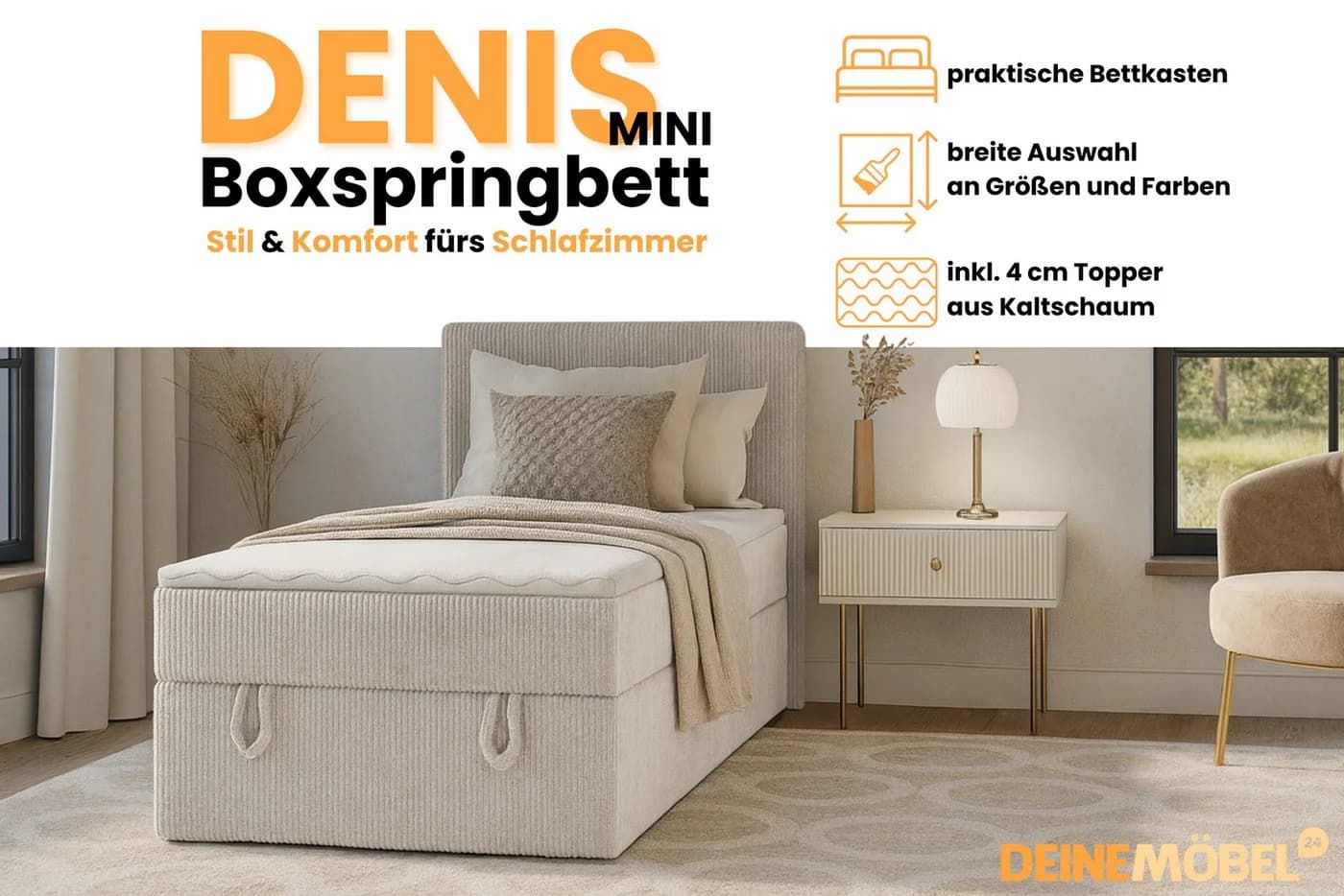 DENIS MINI Boxspringbett Cord Polsterbett Beige Anthrazit - Bild 5