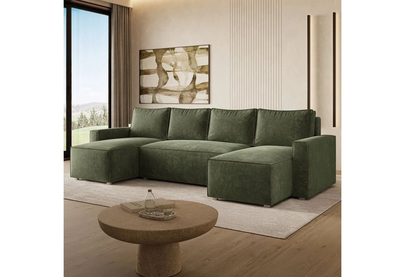 Masseno Ecksofa ASPRA U-Form mit Schlaffunktion und Bettkasten Grün - Bild 2
