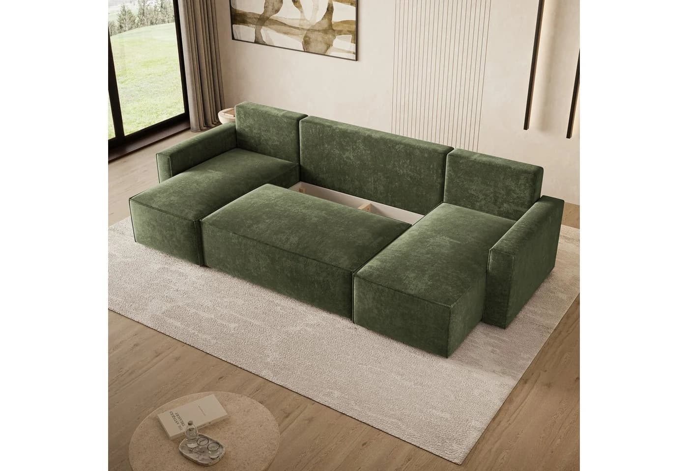 Masseno Ecksofa ASPRA U-Form mit Schlaffunktion und Bettkasten Grün - Bild 3