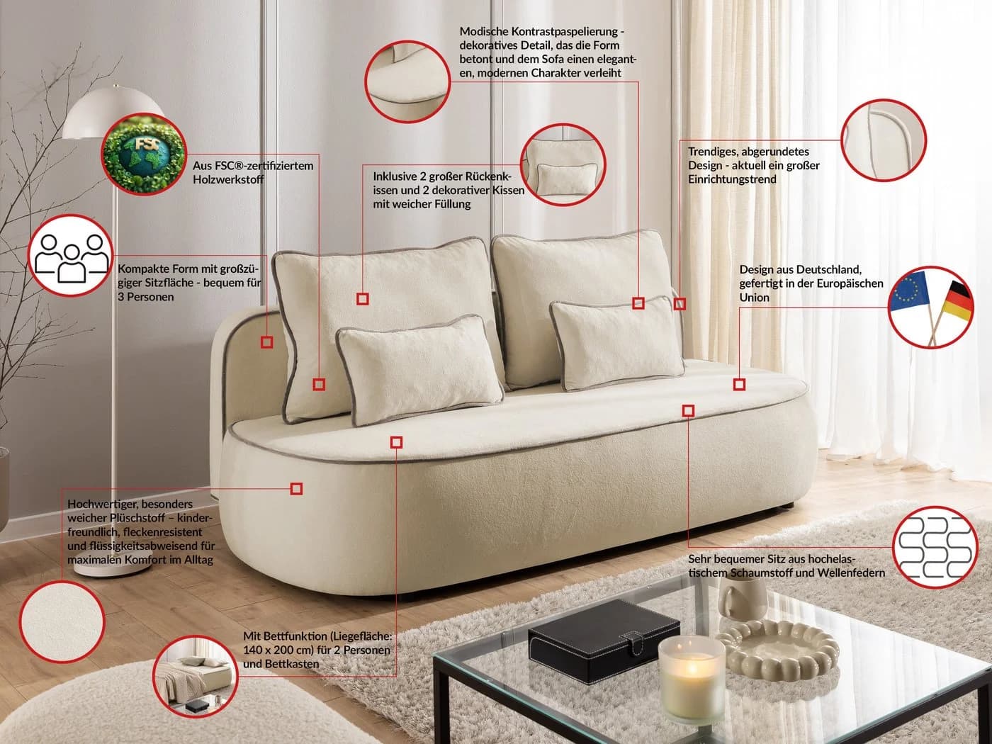 S-Style Schlafsofa Vero Plüschstoff Bettkasten Grau - Bild 4