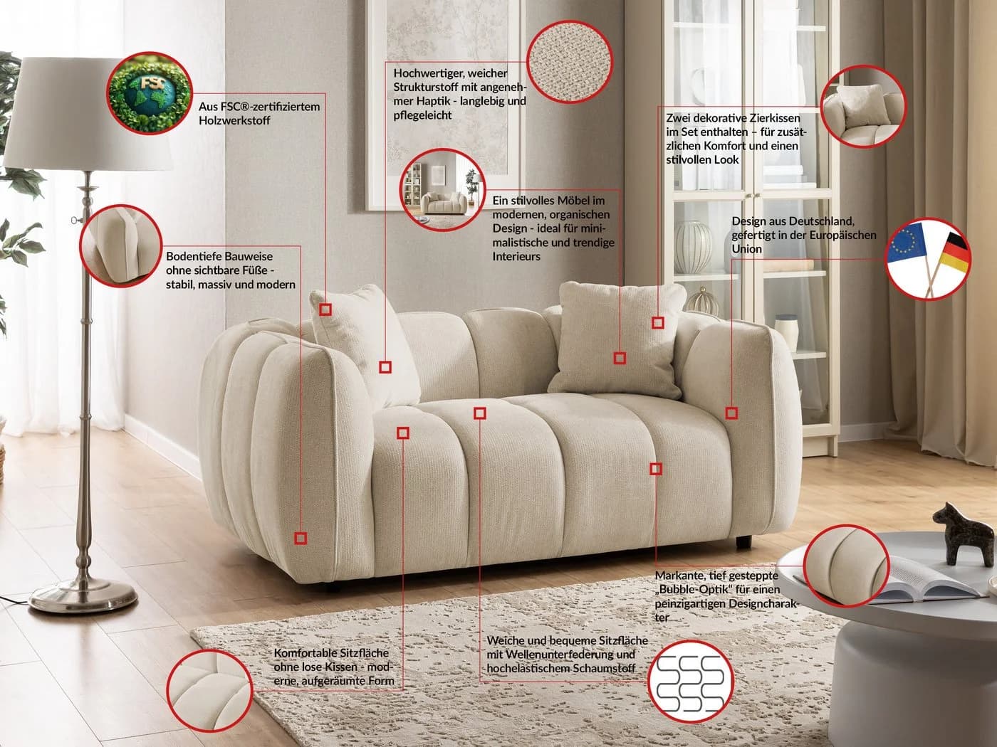 S-Style Möbel Sofa 2-Sitzer Nubira Beige Bubble-Optik Strukturstoff - Bild 3