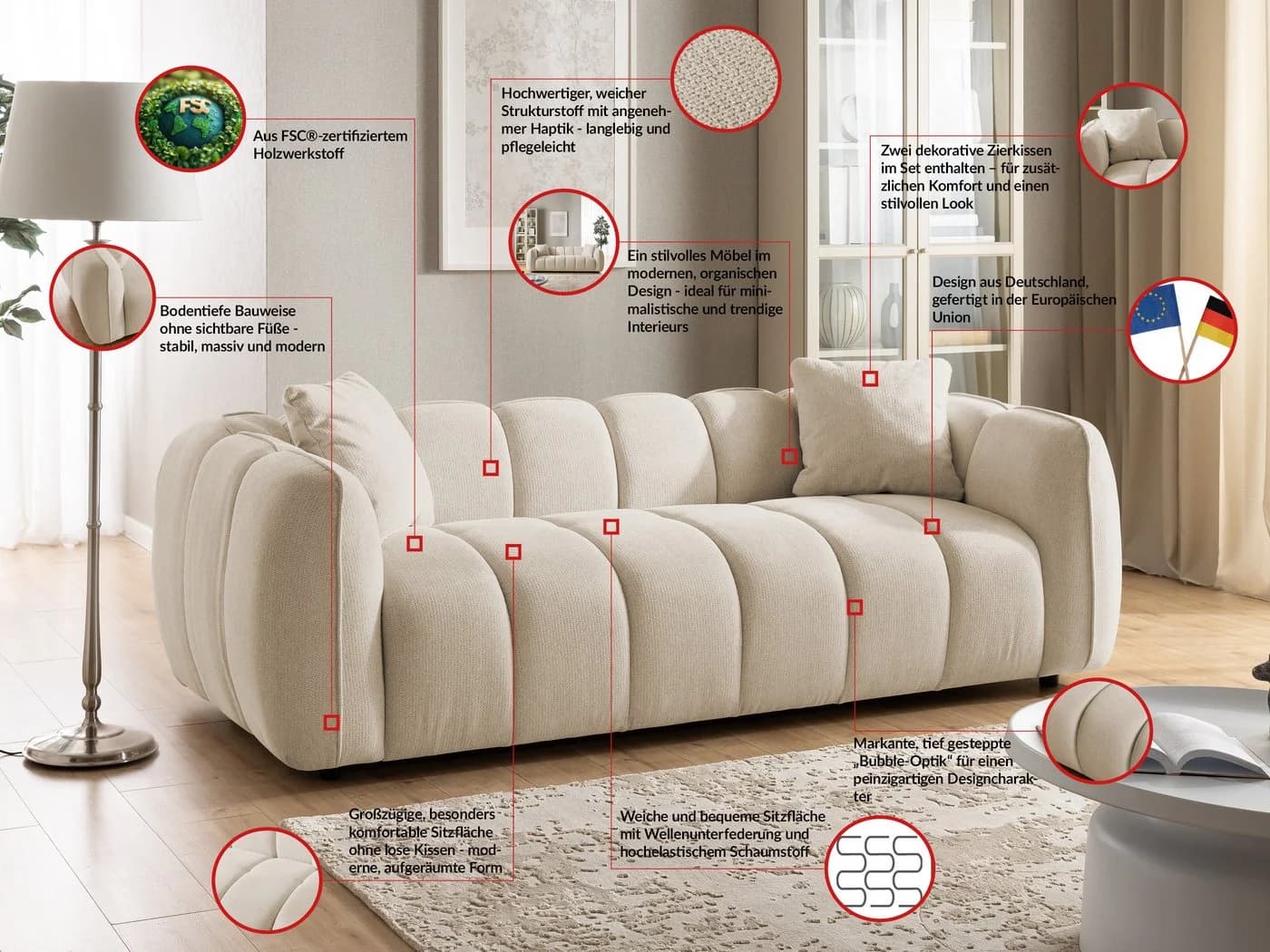 S-Style Möbel Sofa 3-Sitzer Nubira Hellbeige Strukturstoff Bubble-Optik - Bild 3