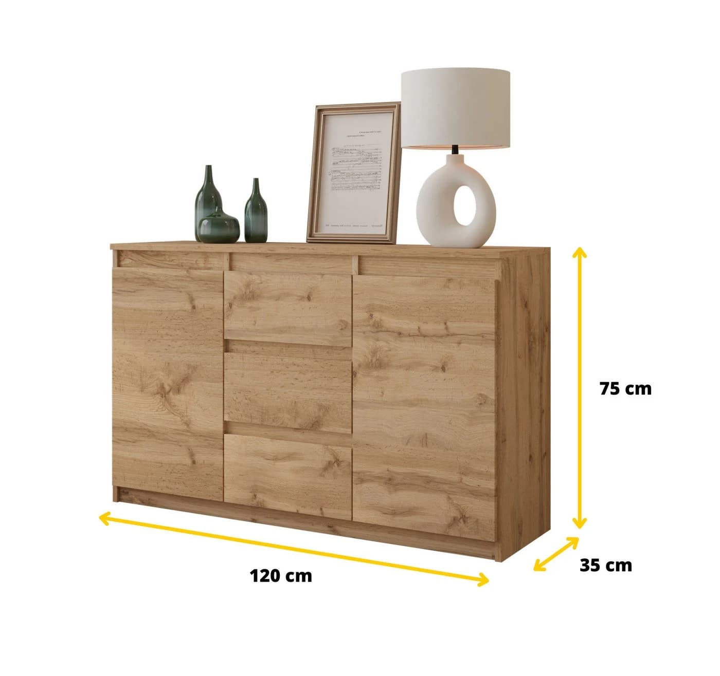 Furnica Kommode 120 cm mit 3 Schubladen und 2 Türen Wotan Eiche Modern