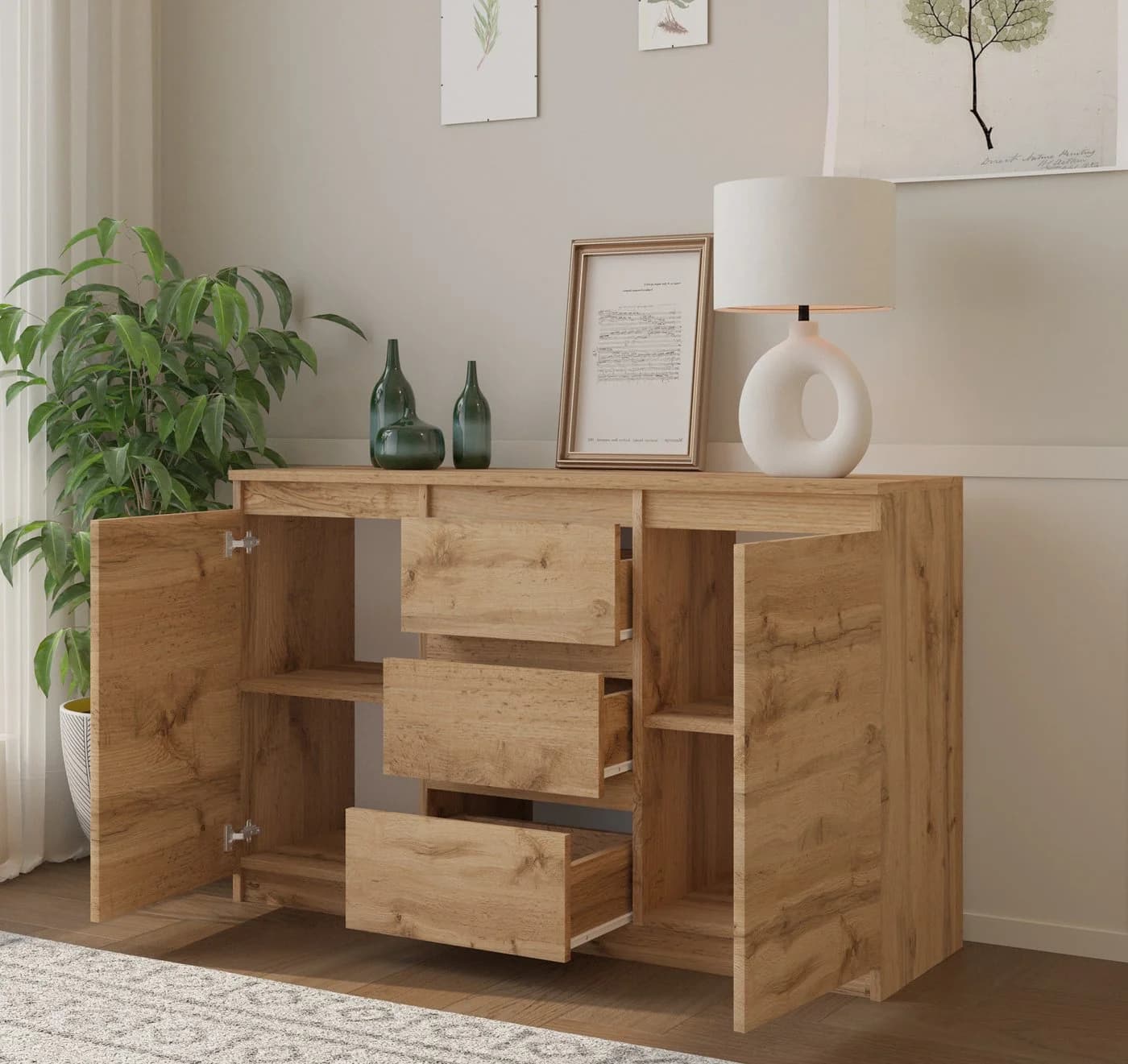Furnica Kommode 120 cm mit 3 Schubladen und 2 Türen Wotan Eiche Modern - Bild 4
