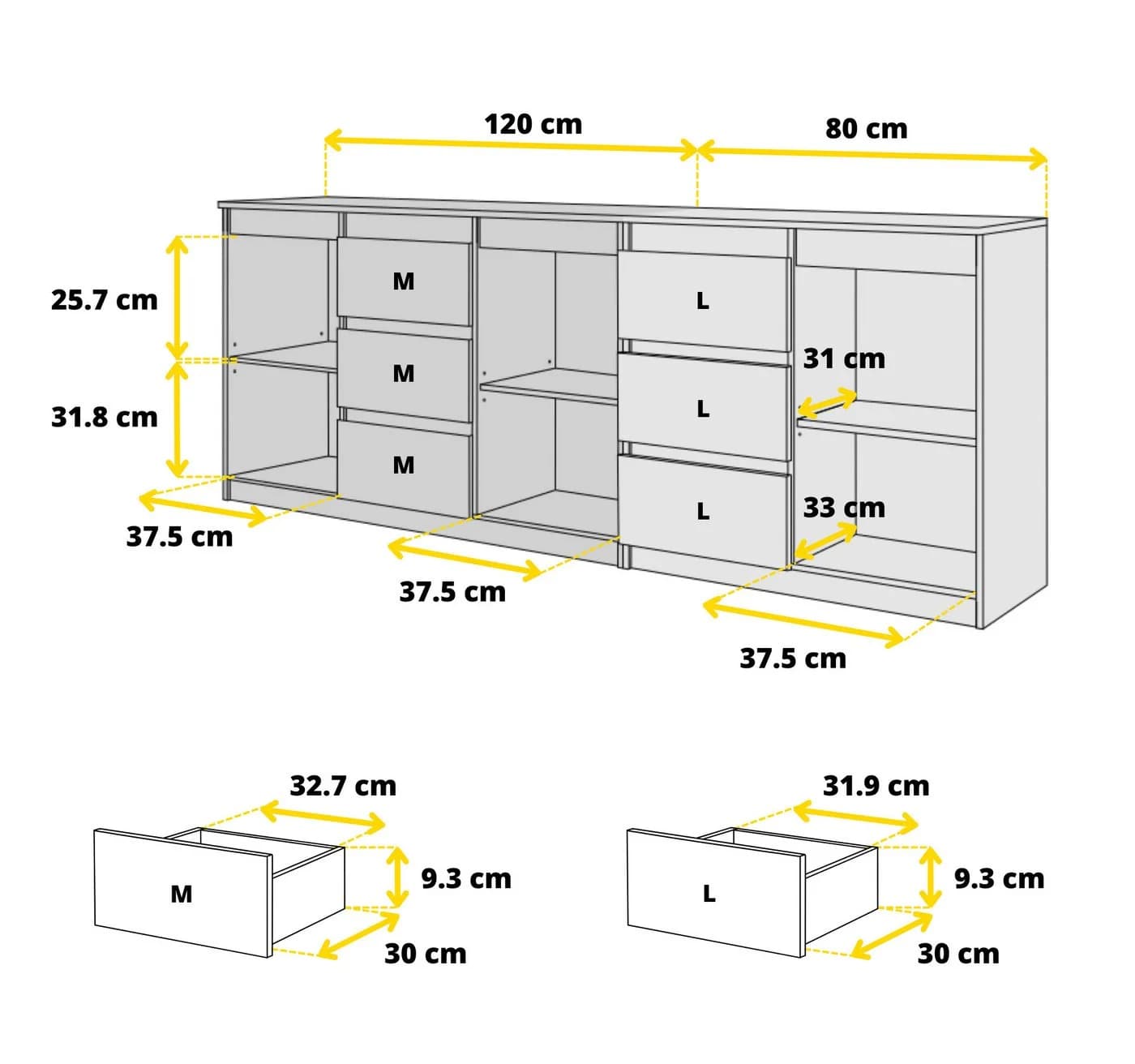 Furnica Kommode Anthrazit 200 cm mit 6 Schubladen und 3 Türen - Bild 5