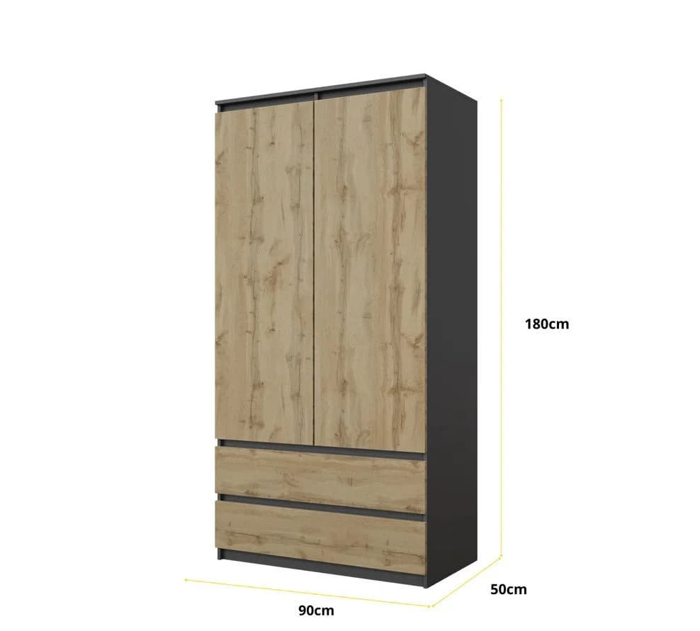 Furnica Kleiderschrank Joelle 90 cm Anthrazit/Weiß mit 2 Türen und 2 Schubladen